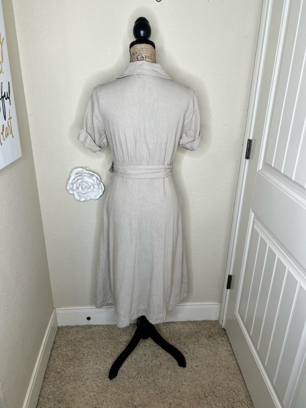 NTM Tahari Linen Blend Shirt Dress Belted Button Front Taupe XS Midi Pockets - Picture 12 of 16